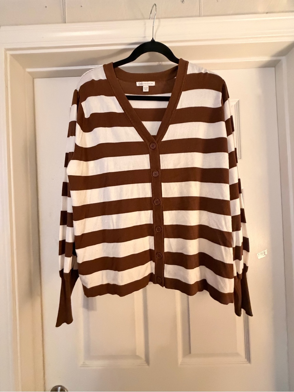 Cato Brown & White Striped V-Neck Button Cardigan